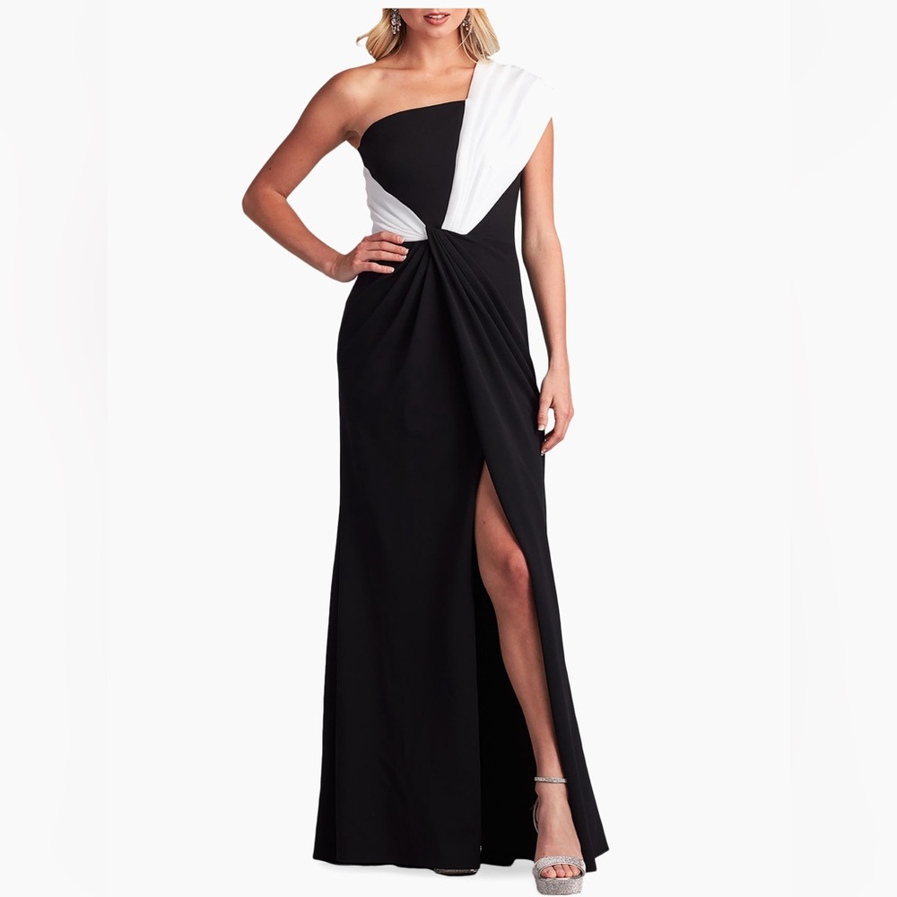 Tadashi Shoji Black and White One-Shoulder Crepe Gown